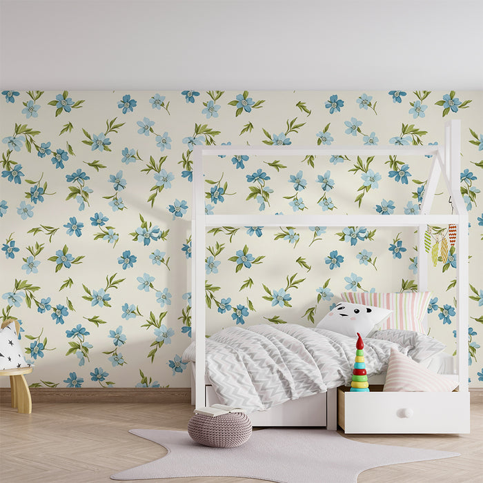 Børneværelse tapet | Delikate blå blomster på en cremefarvet baggrund