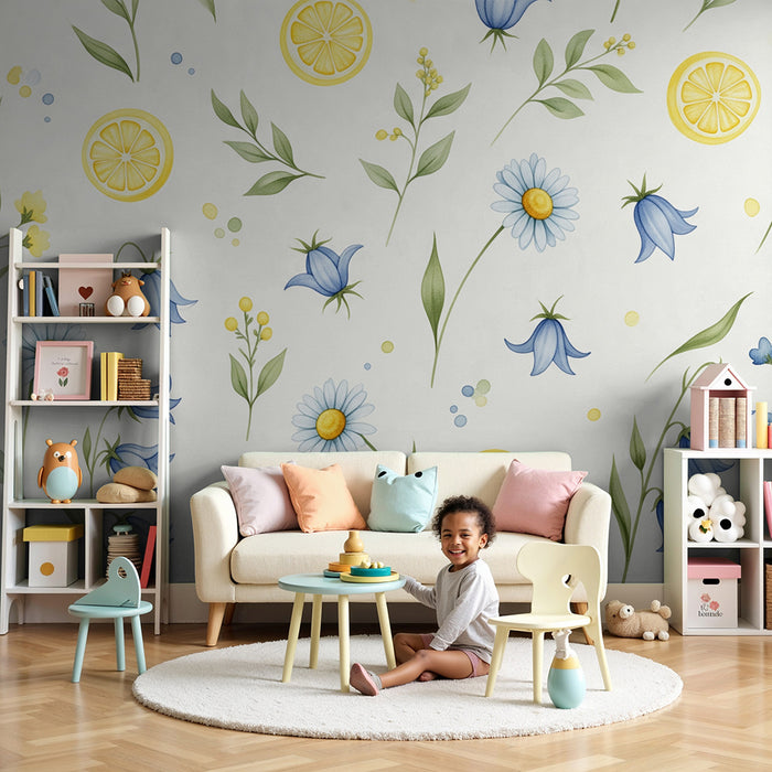 Barntapet | Blå blommor och citroner på ljus bakgrund