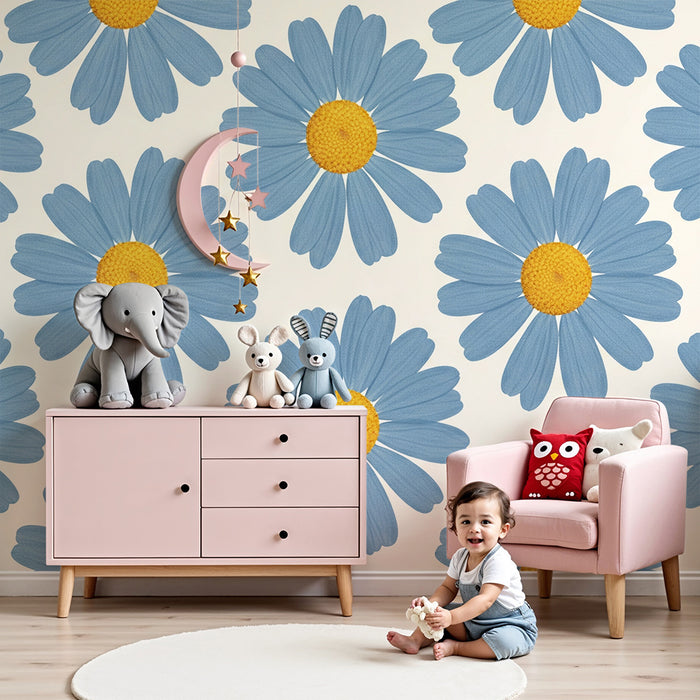 Papier peint chambre bébé | Fleurs bleues et jaunes pour une ambiance douce
