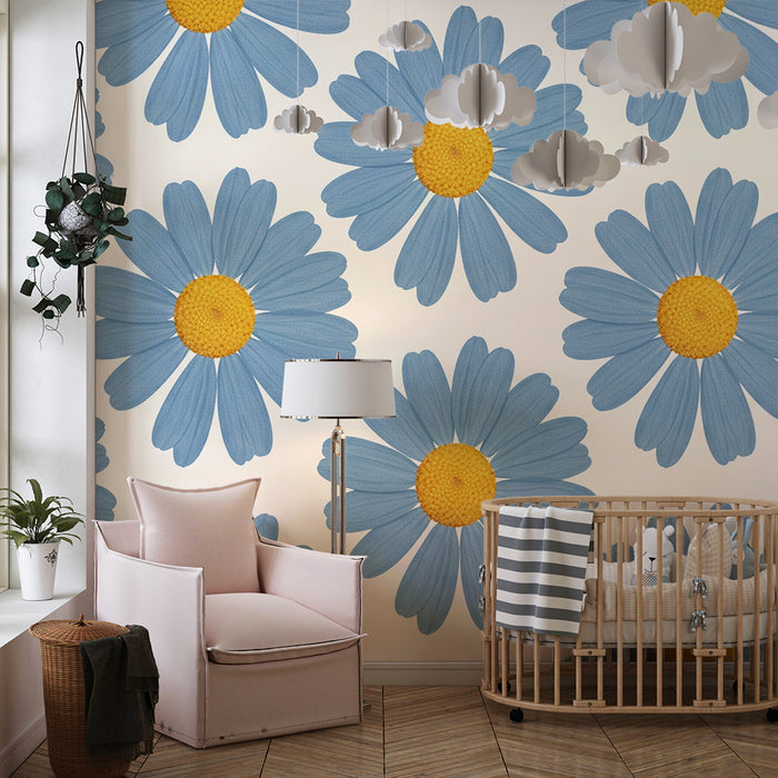 Papier peint chambre bébé | Fleurs bleues et jaunes pour une ambiance douce