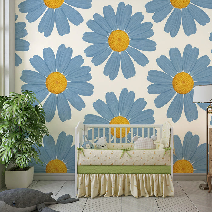 Papier peint chambre bébé | Fleurs bleues et jaunes pour une ambiance douce