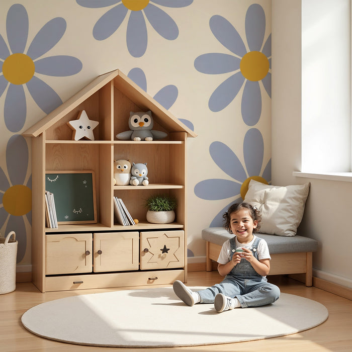 Papier peint chambre bébé | Fleurs bleues et jaunes sur fond crème