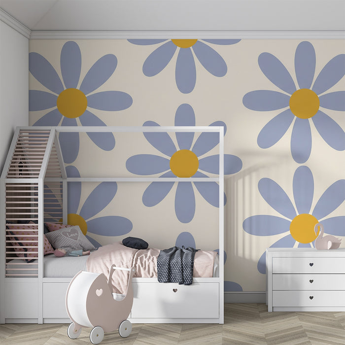 Papier peint chambre bébé | Fleurs bleues et jaunes sur fond crème