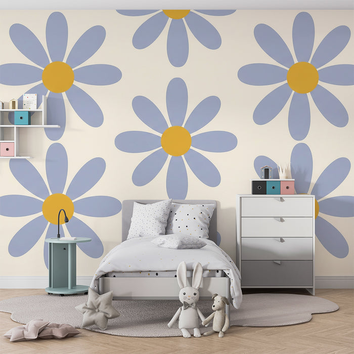 Papier peint chambre bébé | Fleurs bleues et jaunes sur fond crème
