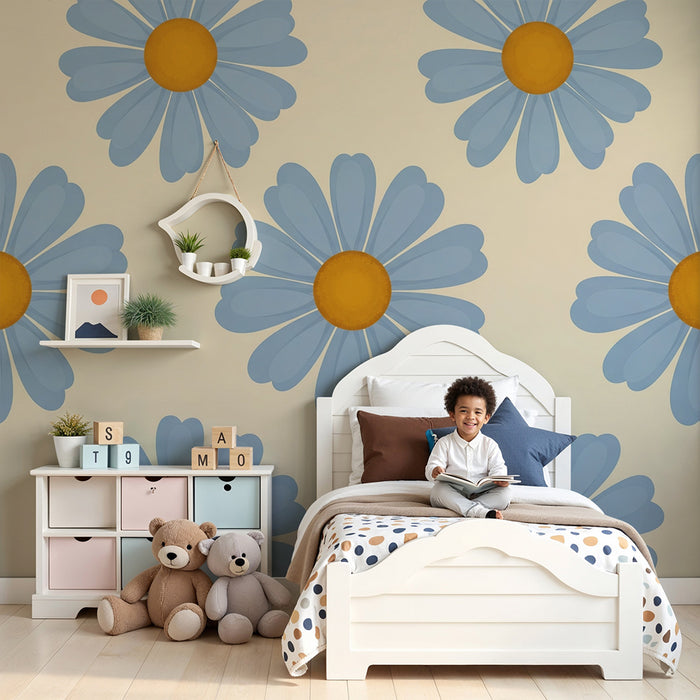 Behang babykamer | Blauwe en gele bloemen op een crèmekleurige achtergrond