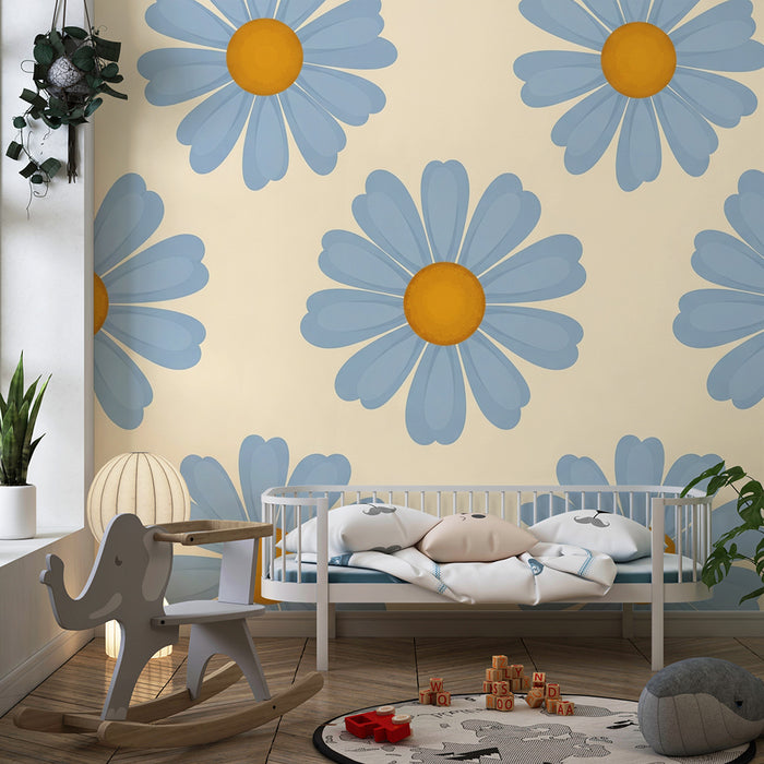 Behang babykamer | Blauwe en gele bloemen op een crèmekleurige achtergrond