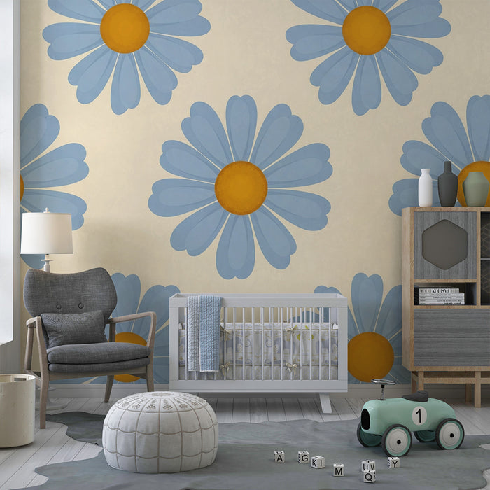 Behang babykamer | Blauwe en gele bloemen op een crèmekleurige achtergrond