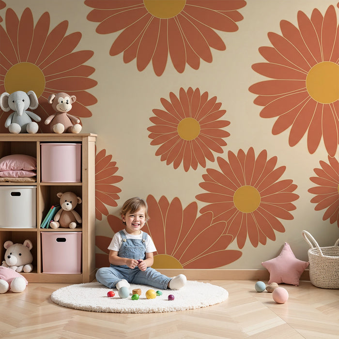 Papier peint chambre bébé | Fleurs colorées aux tons terracotta sur fond doux