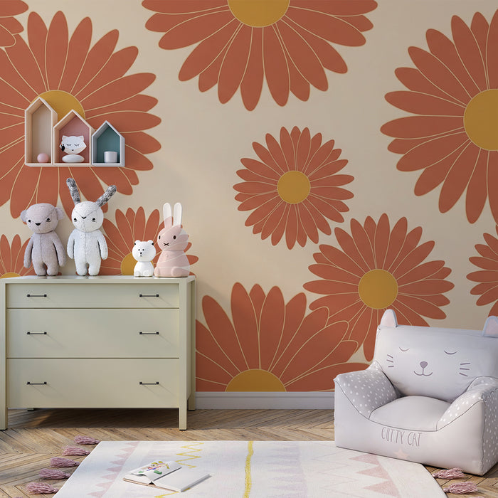 Papier peint chambre bébé | Fleurs colorées aux tons terracotta sur fond doux