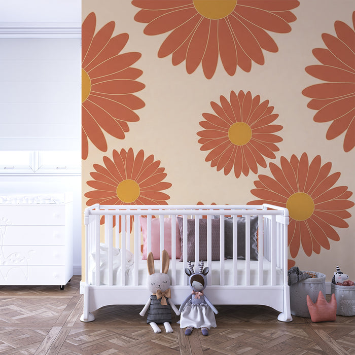 Papier peint chambre bébé | Fleurs colorées aux tons terracotta sur fond doux