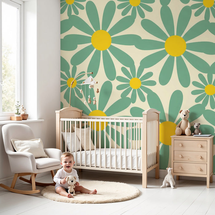 Papier peint chambre bébé | Fleurs colorées avec pétales verts et cœurs jaunes