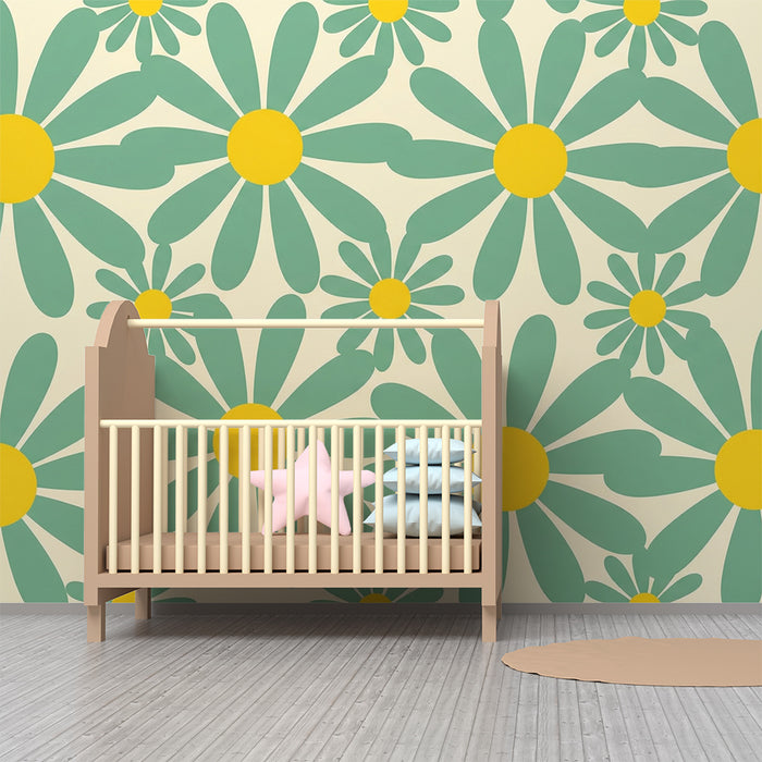 Papier peint chambre bébé | Fleurs colorées avec pétales verts et cœurs jaunes