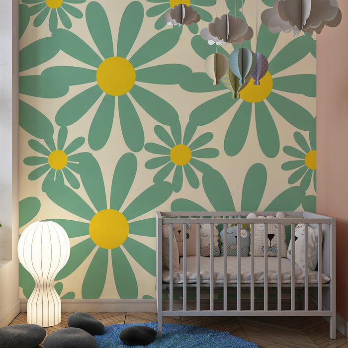 Papier peint chambre bébé | Fleurs colorées avec pétales verts et cœurs jaunes