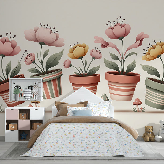 Barnväggpapper | Färgglada blommor i krukor med söta svampar