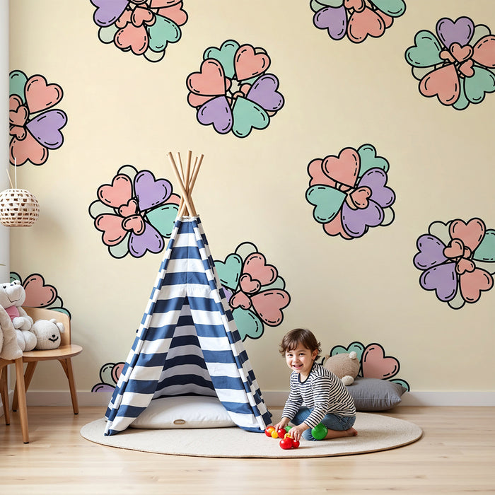 Papel de parede quarto bebê | Barviti cvetovi v obliki srca na bež ozadju