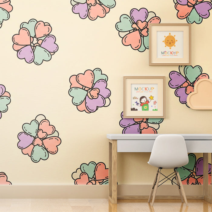 Papel de parede quarto bebê | Barviti cvetovi v obliki srca na bež ozadju