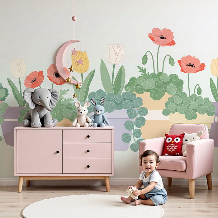 Behang babykamer | Kleurrijke bloemen in potten met zachte vormen