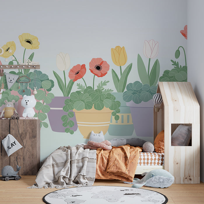 Behang babykamer | Kleurrijke bloemen in potten met zachte vormen