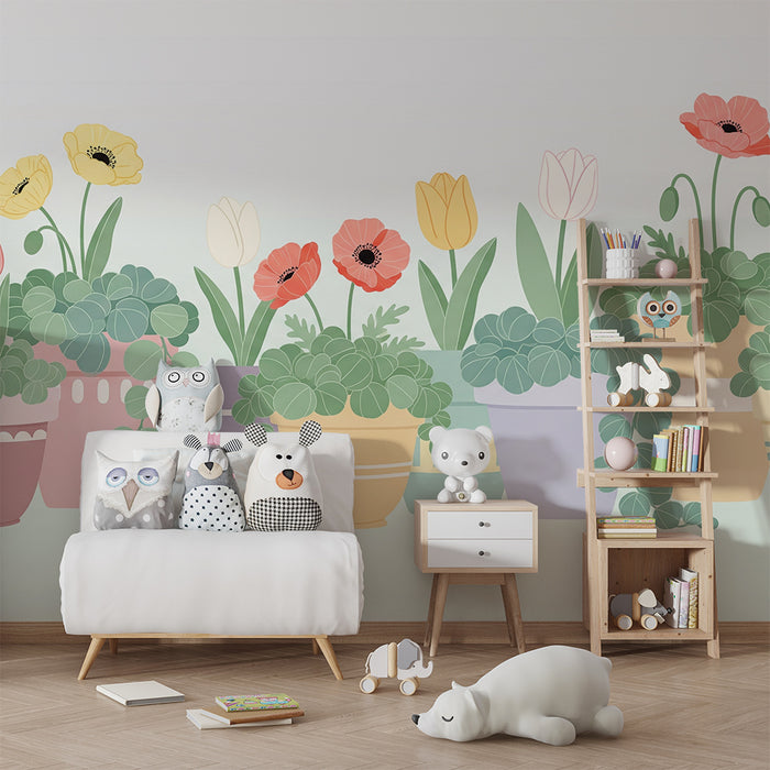 Behang babykamer | Kleurrijke bloemen in potten met zachte vormen