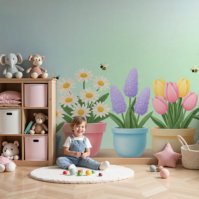 Papier peint chambre bébé | Fleurs colorées en pots avec abeilles et fond pastel