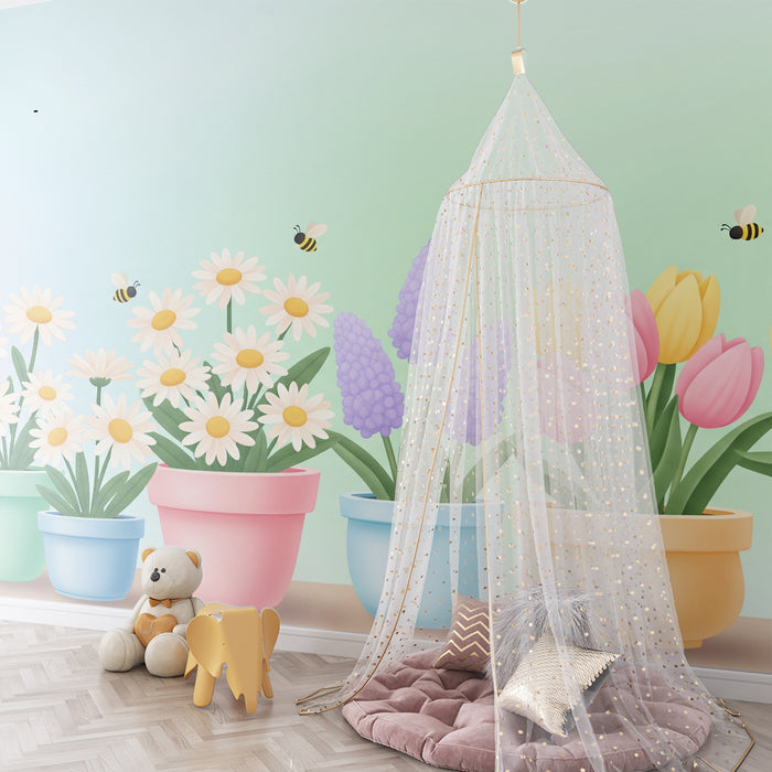 Papier peint chambre bébé | Fleurs colorées en pots avec abeilles et fond pastel