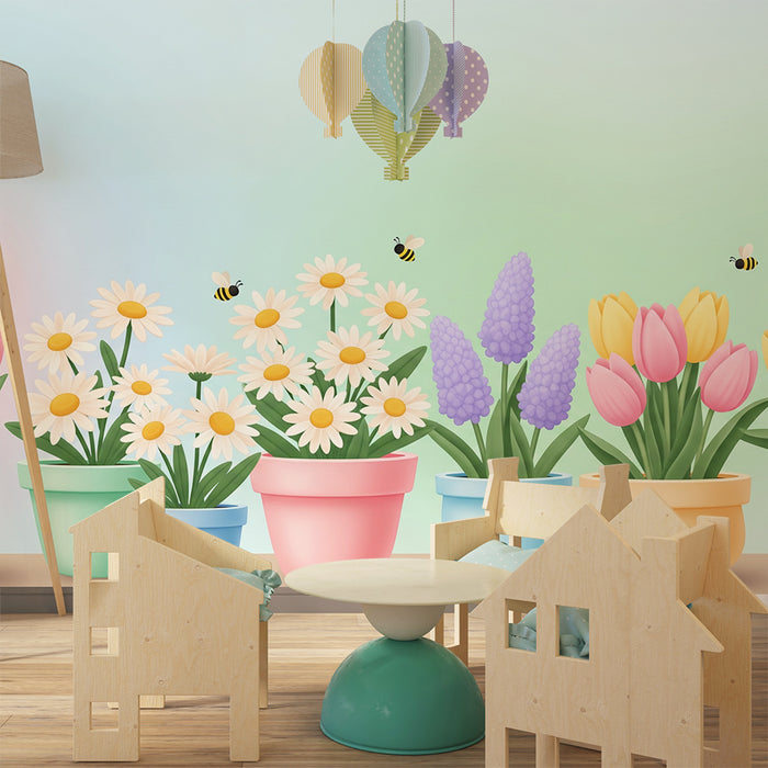 Papier peint chambre bébé | Fleurs colorées en pots avec abeilles et fond pastel