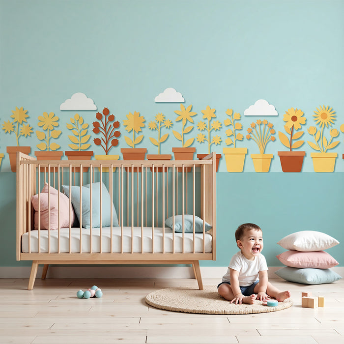 Babyzimmer Tapete | Bunte Blumen in Töpfen mit sanften Wolken