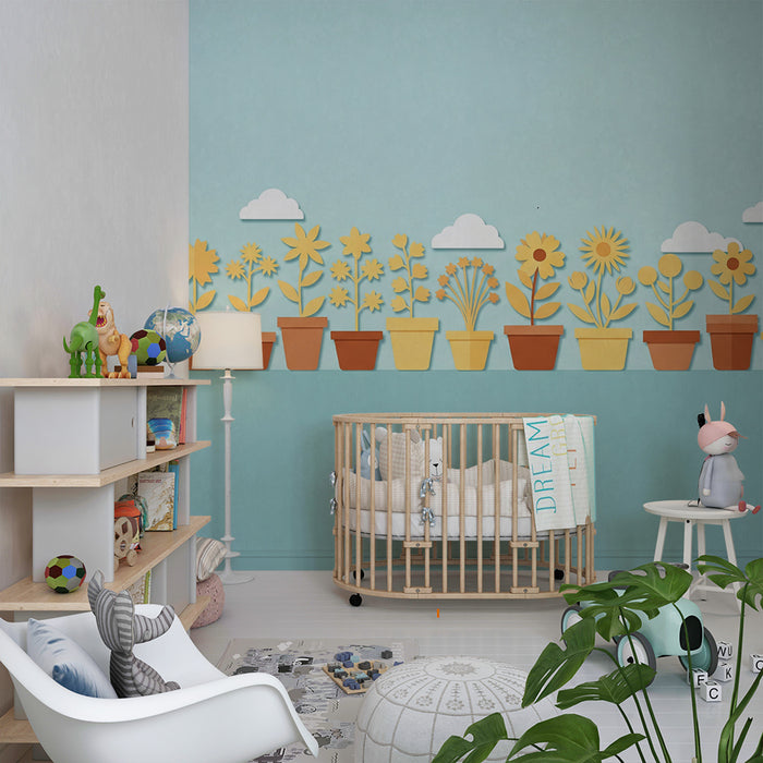 Babyzimmer Tapete | Bunte Blumen in Töpfen mit sanften Wolken