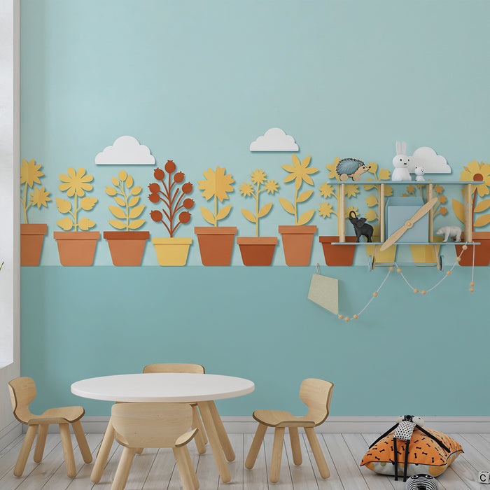 Babyzimmer Tapete | Bunte Blumen in Töpfen mit sanften Wolken