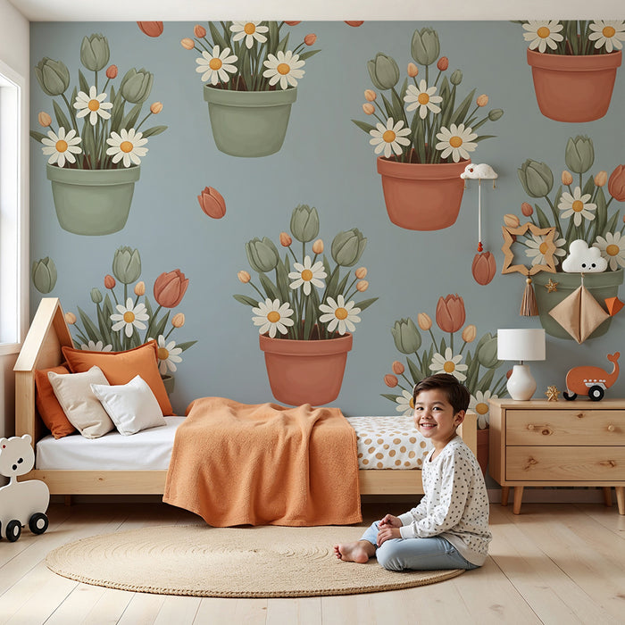 Babykamer behang | Kleurrijke bloemen in potten op rustgevende blauwe achtergrond