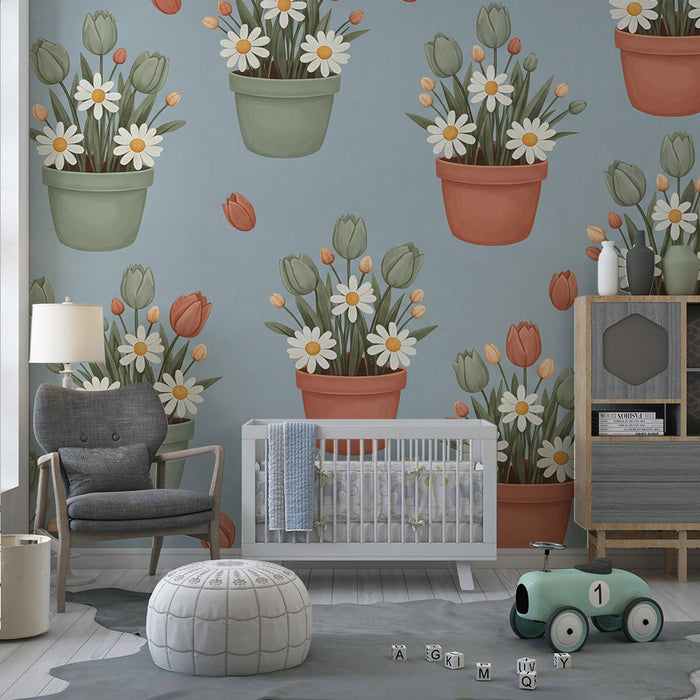 Babykamer behang | Kleurrijke bloemen in potten op rustgevende blauwe achtergrond
