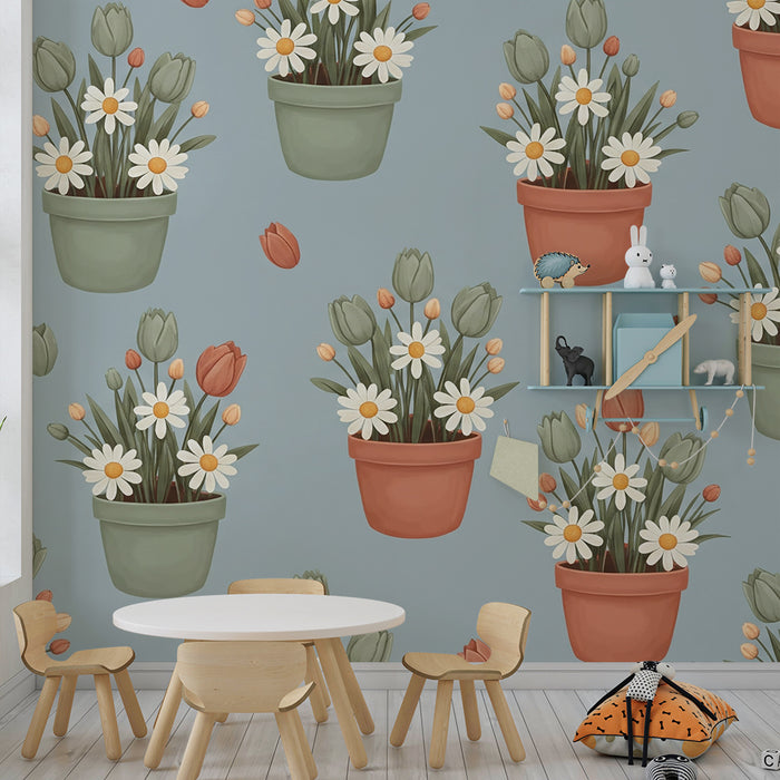 Babykamer behang | Kleurrijke bloemen in potten op rustgevende blauwe achtergrond