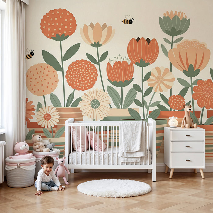 Papel de parede para quarto de bebé | Flores coloridas e abelhas em vasos estilizados