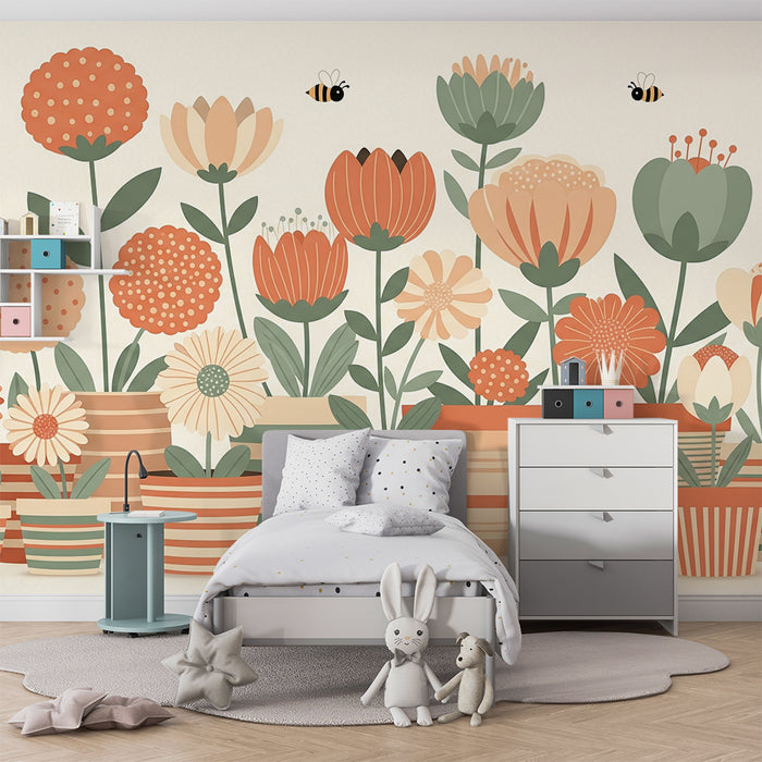 Papel de parede para quarto de bebé | Flores coloridas e abelhas em vasos estilizados