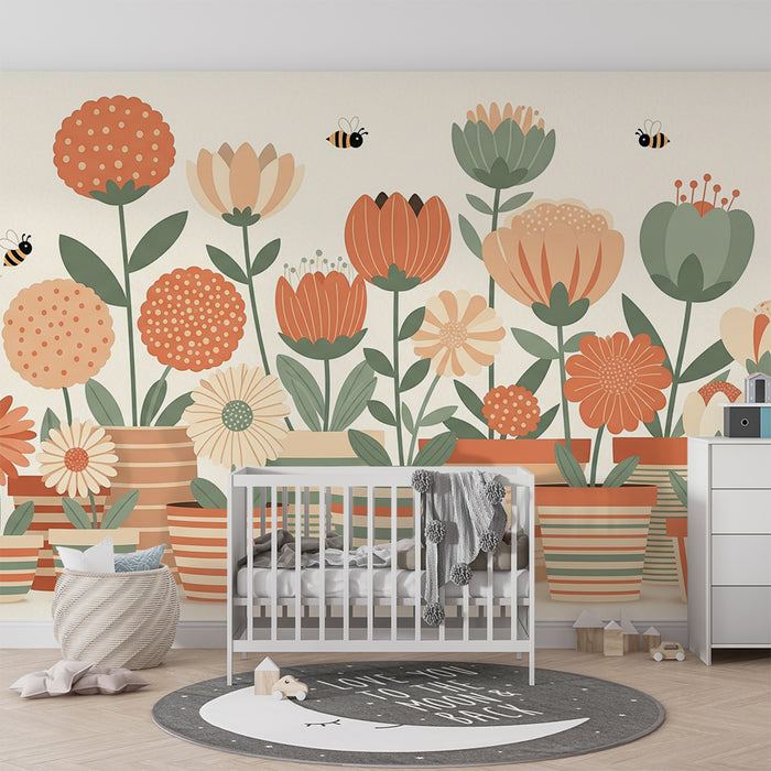 Papel de parede para quarto de bebé | Flores coloridas e abelhas em vasos estilizados