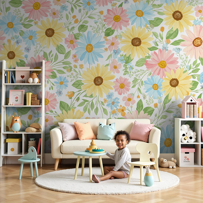 Babykamer behang | Kleurrijke en delicate bloemen voor een zachte sfeer