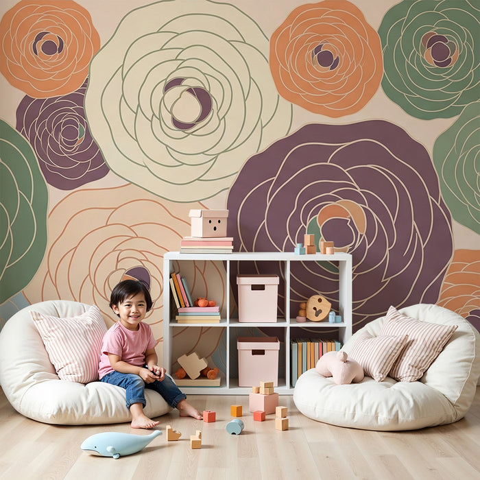 Papel de parede para quarto de bebé | Flores coloridas e delicadas sobre fundo suave