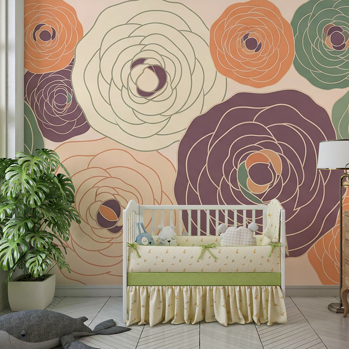 Papel de parede para quarto de bebé | Flores coloridas e delicadas sobre fundo suave