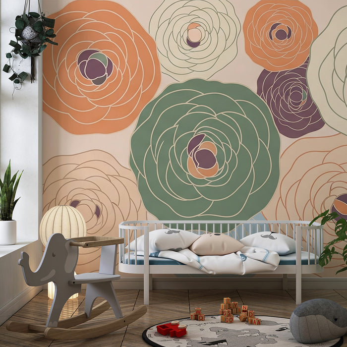 Papel de parede para quarto de bebé | Flores coloridas e delicadas sobre fundo suave