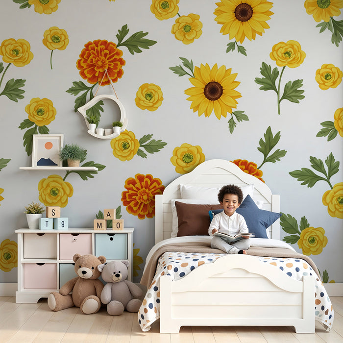 Tapet barnerom | Fargerike og solfylte blomster for en livlig stemning