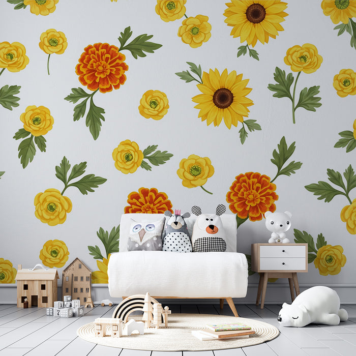 Tapet barnerom | Fargerike og solfylte blomster for en livlig stemning