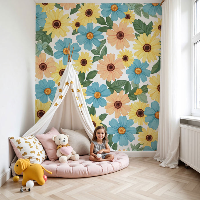 Babykamer behang | Kleurrijke bloemen en delicate bladeren voor een vrolijke sfeer