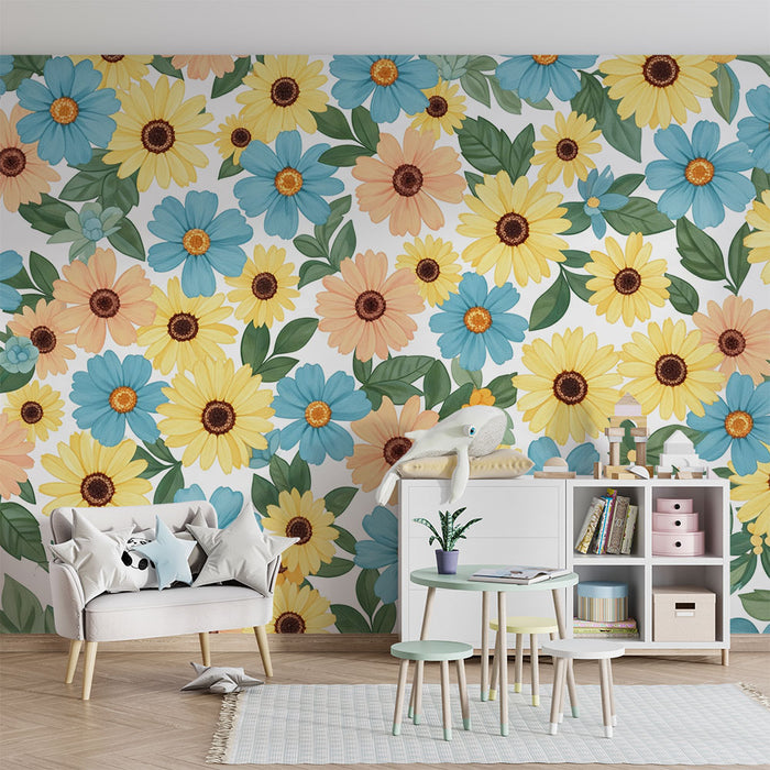 Babykamer behang | Kleurrijke bloemen en delicate bladeren voor een vrolijke sfeer