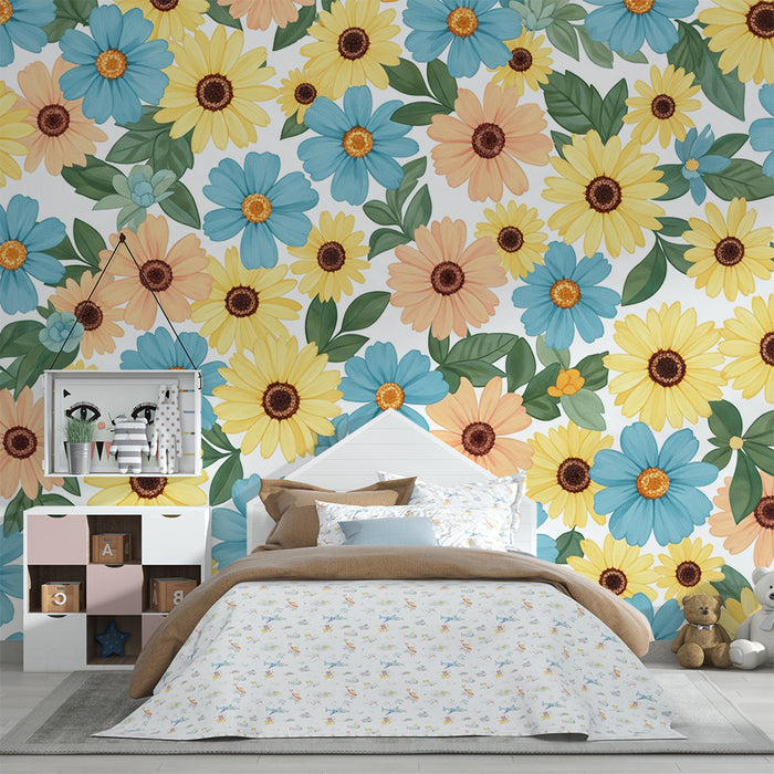Babykamer behang | Kleurrijke bloemen en delicate bladeren voor een vrolijke sfeer