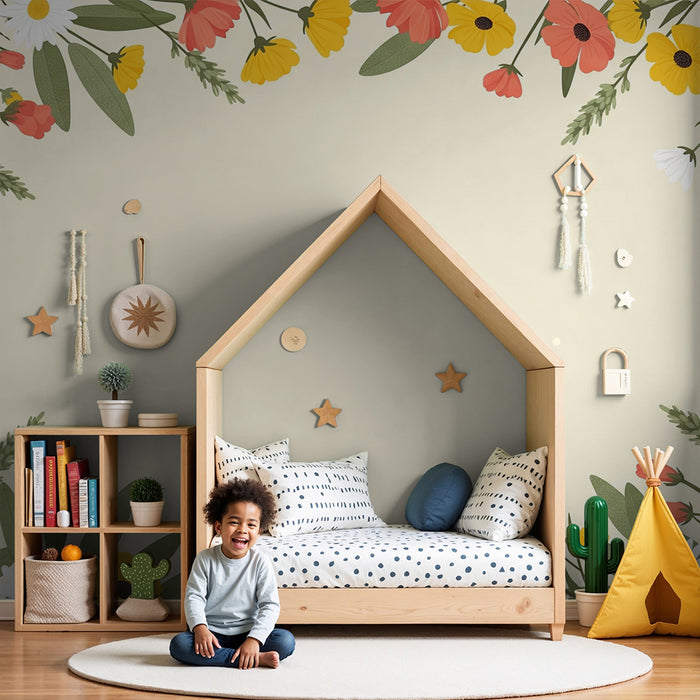 Barntapet | Färgglada blommor och delikat lövverk på mjuk bakgrund