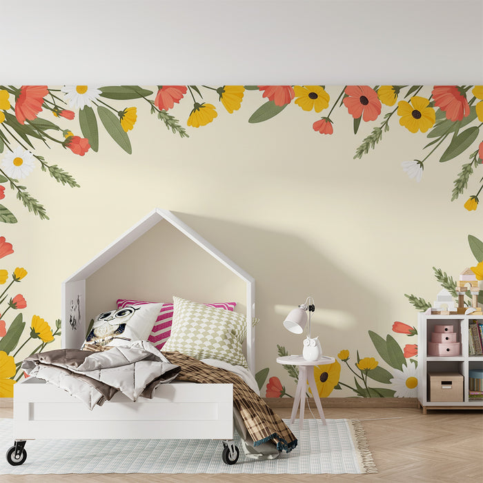 Barntapet | Färgglada blommor och delikat lövverk på mjuk bakgrund