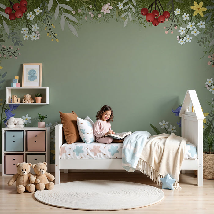 Barntapet | Färgglada blommor och mjuka löv på grön bakgrund