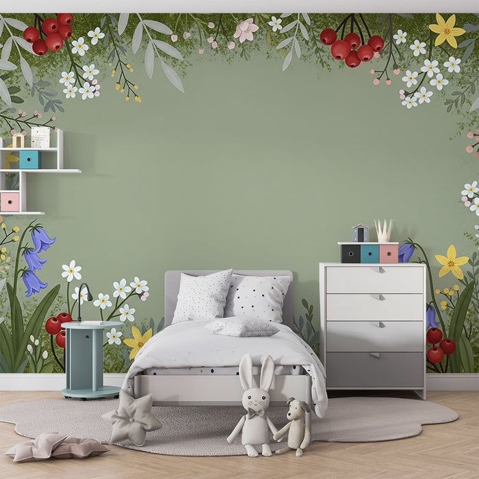 Barntapet | Färgglada blommor och mjuka löv på grön bakgrund