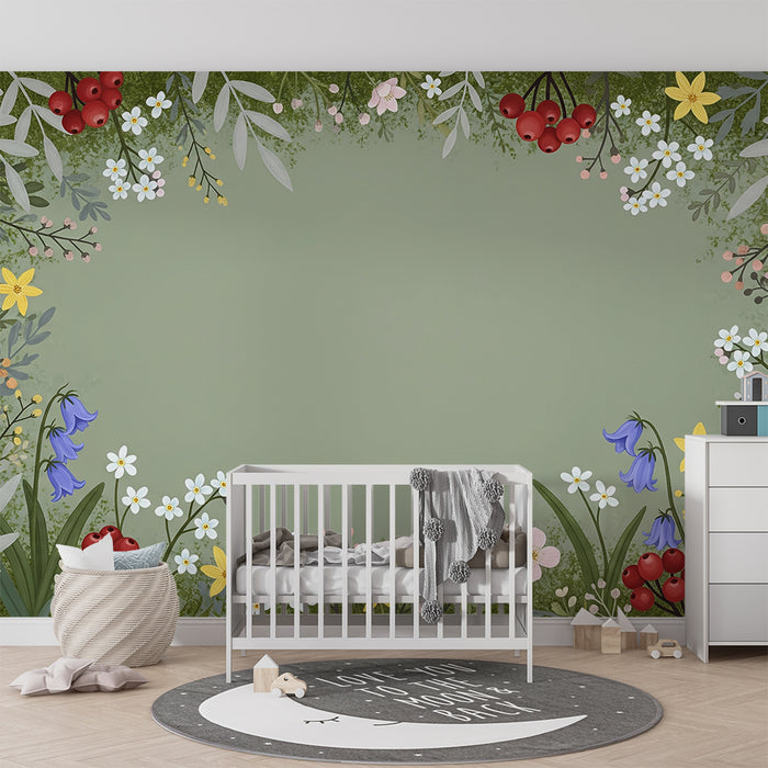 Barntapet | Färgglada blommor och mjuka löv på grön bakgrund