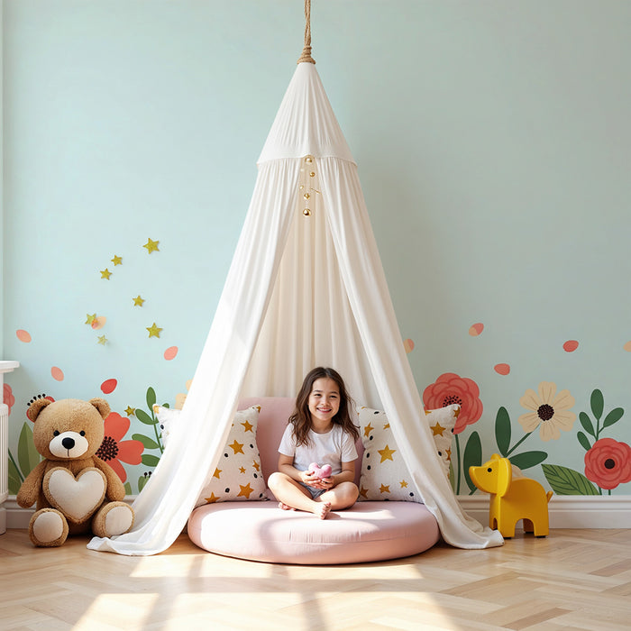 Papier peint chambre bébé | Fleurs colorées et feuillage sur fond bleu clair